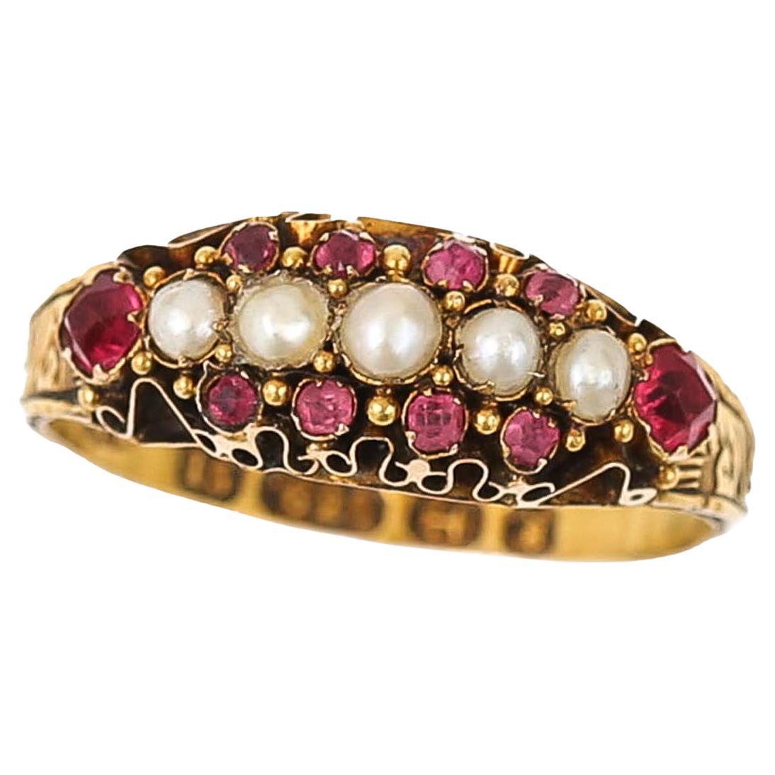 Victorian 15ct Yellow Gold Ruby And Pearl Band Ring Circa 1878 For Sale ...