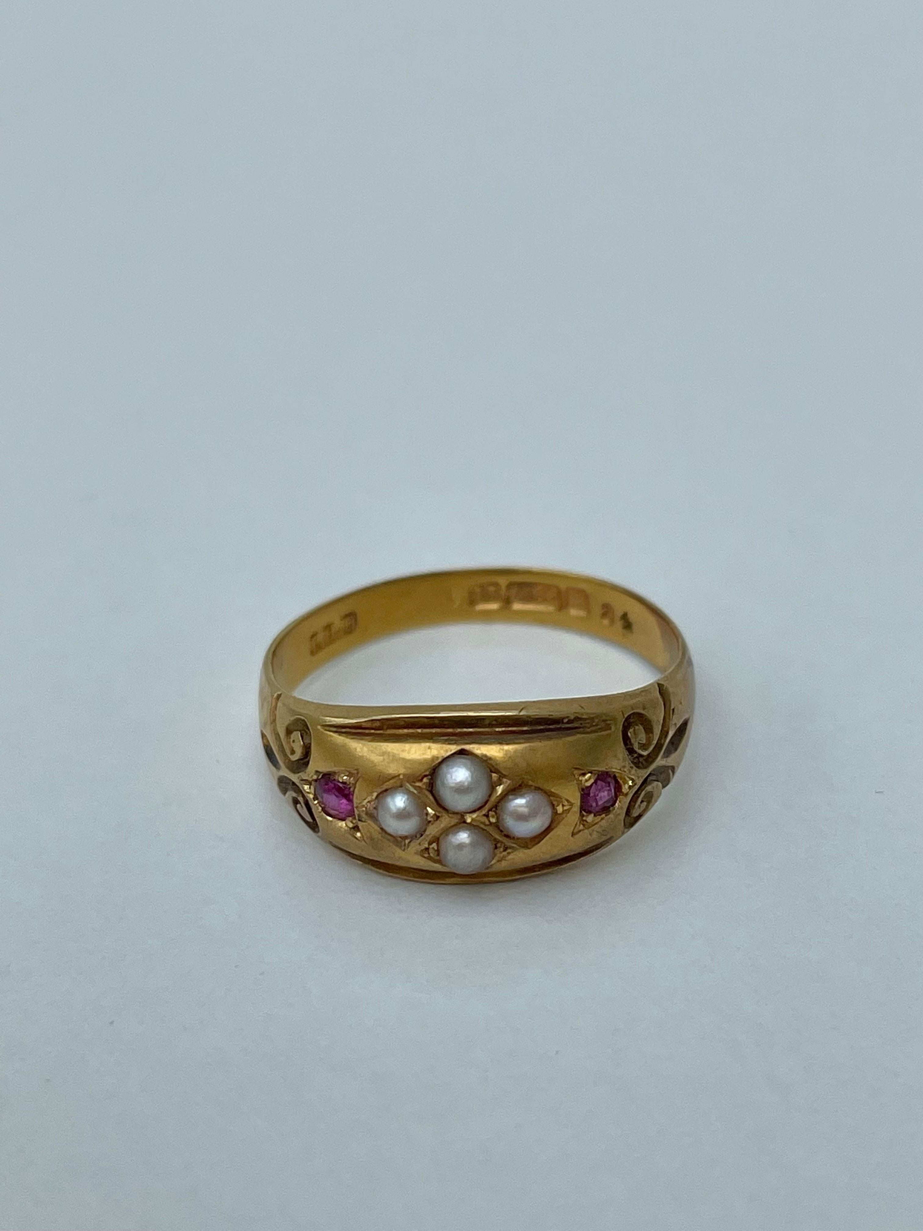 Bead Victorian 15ct Yellow Gold Ruby and Pearl Ring