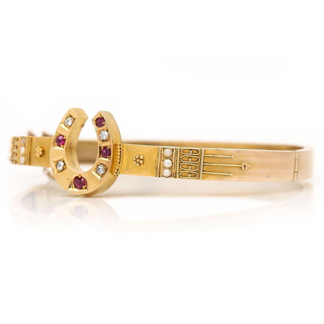 High Victorian Victorian 15ct Yellow Gold Ruby, Diamond, and Pearl Etruscan Style Bracelet