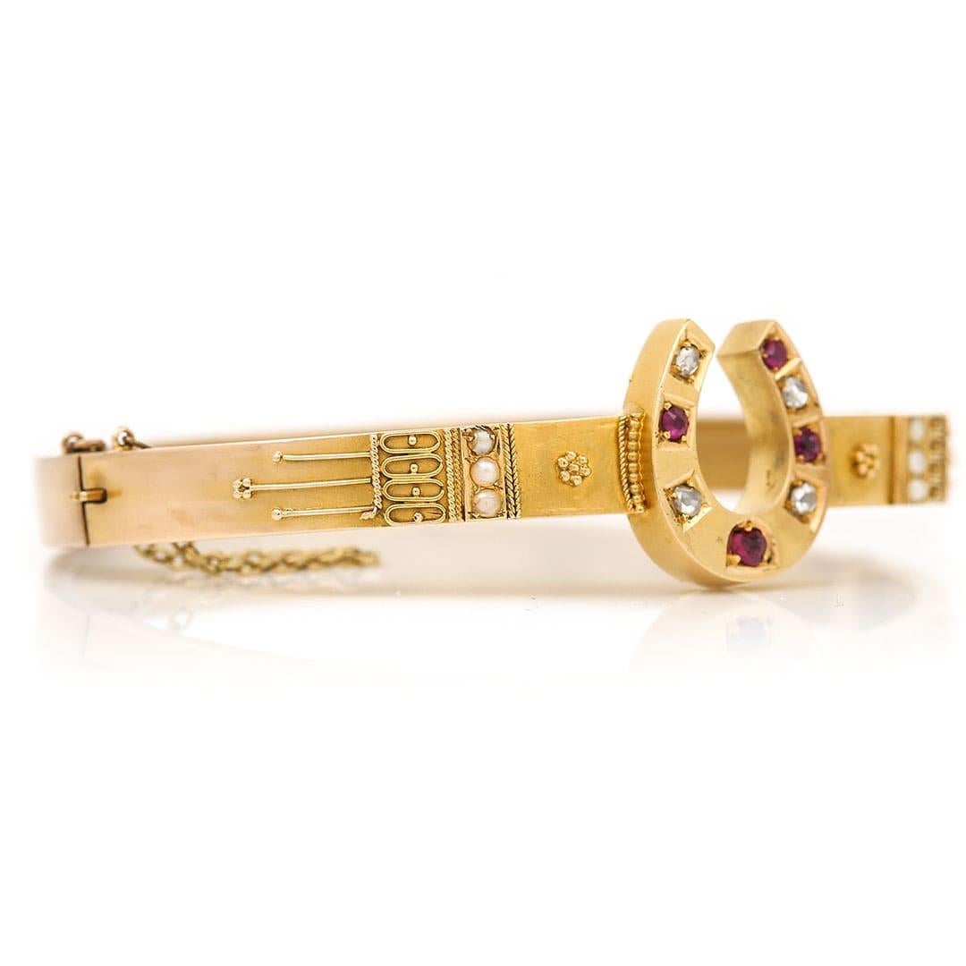 Victorian 15ct Yellow Gold Ruby, Diamond, and Pearl Etruscan Style Bracelet In Good Condition In Lancashire, Oldham