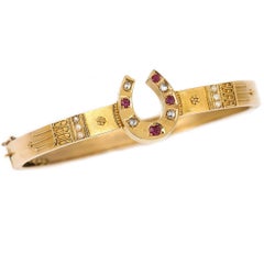 Victorian 15ct Yellow Gold Ruby, Diamond, and Pearl Etruscan Style Bracelet