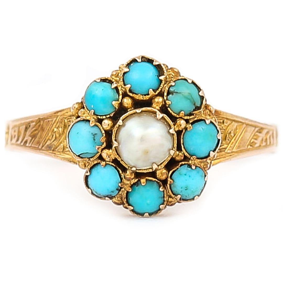 Round Cut Victorian 15ct Yellow Gold Turquoise and Pearl Cluster, Circa 1890
