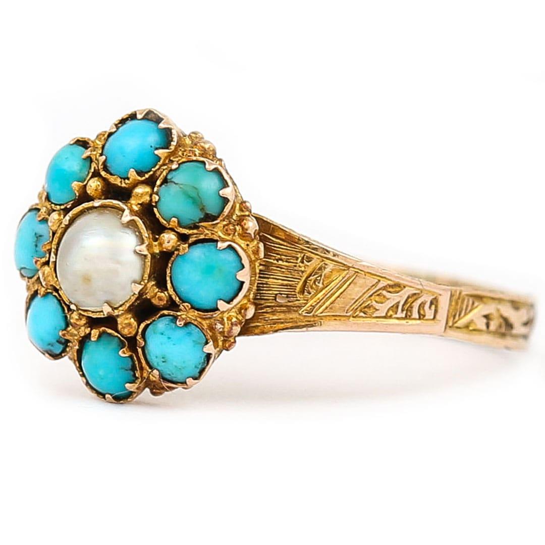 Victorian 15ct Yellow Gold Turquoise and Pearl Cluster, Circa 1890 In Good Condition In Lancashire, Oldham