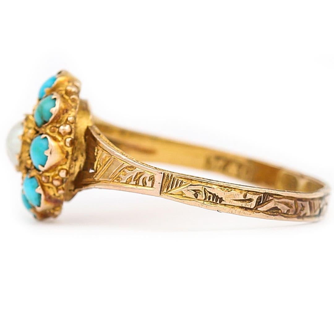 Women's or Men's Victorian 15ct Yellow Gold Turquoise and Pearl Cluster, Circa 1890
