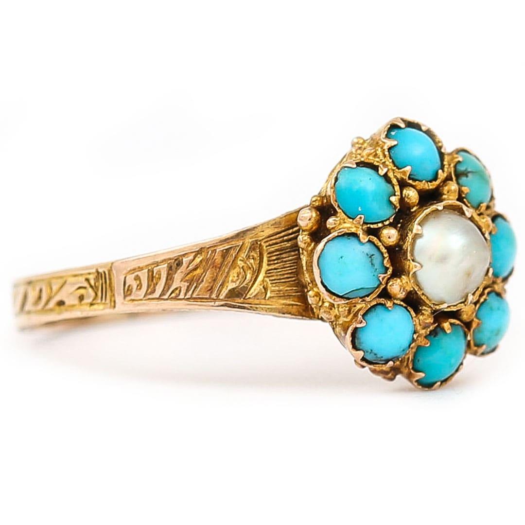 Victorian 15ct Yellow Gold Turquoise and Pearl Cluster, Circa 1890 1