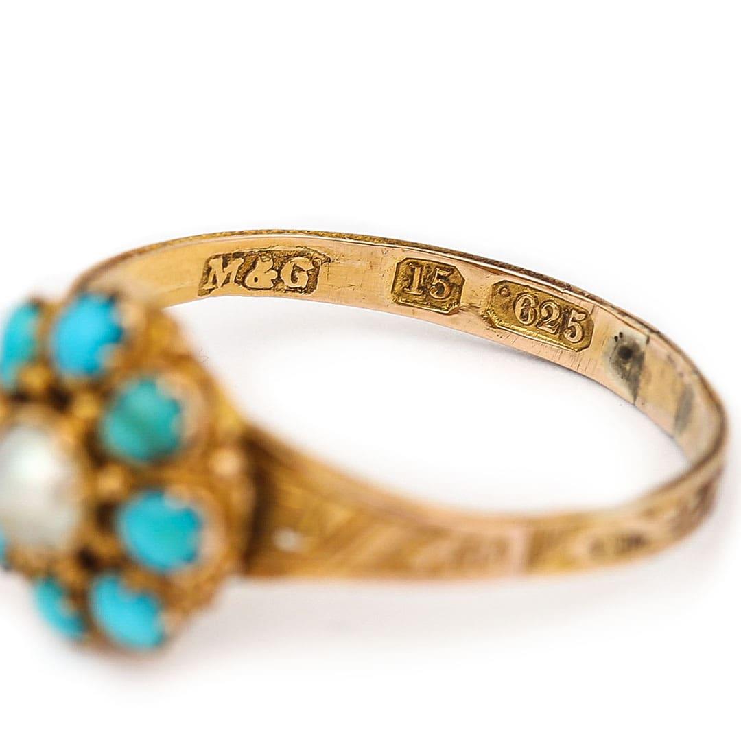 Victorian 15ct Yellow Gold Turquoise and Pearl Cluster, Circa 1890 3