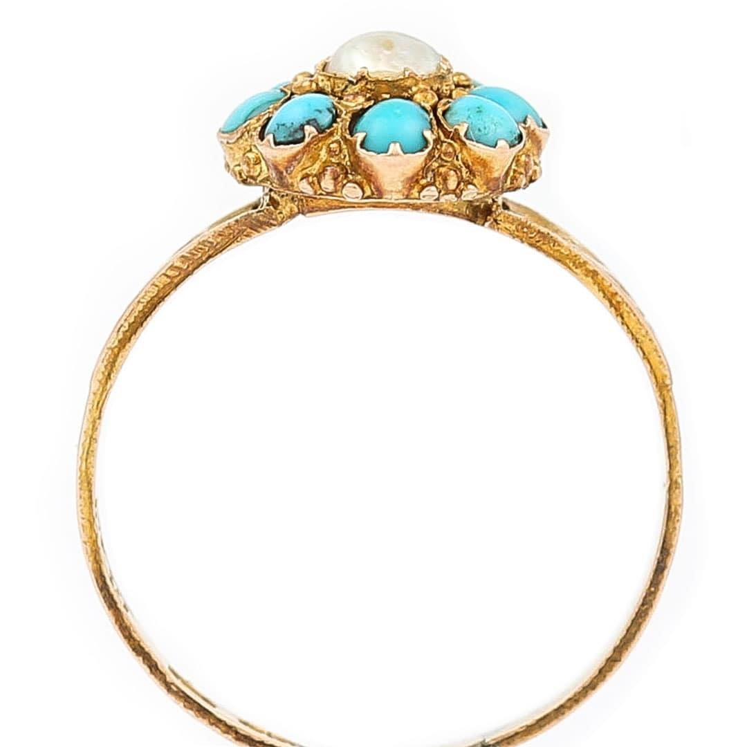 Victorian 15ct Yellow Gold Turquoise and Pearl Cluster, Circa 1890 4