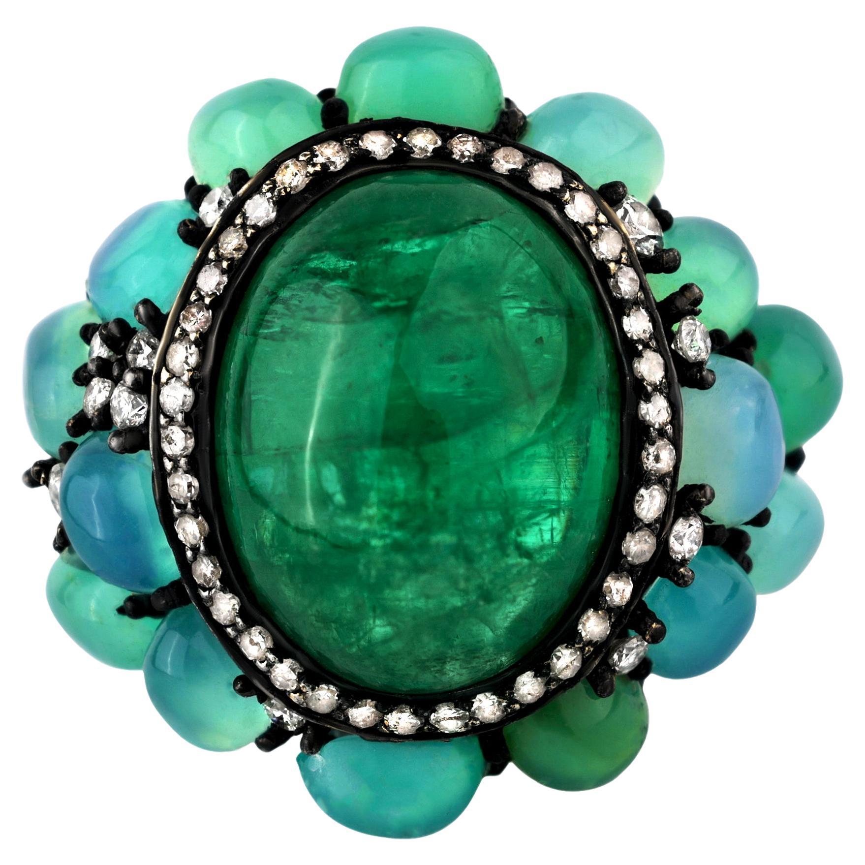 Victorian 15Cttw. Emerald, Opal and Diamond Floral Cocktail Ring in 18k/925