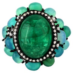 Victorian 15Cttw. Emerald, Opal and Diamond Floral Cocktail Ring in 18k/925