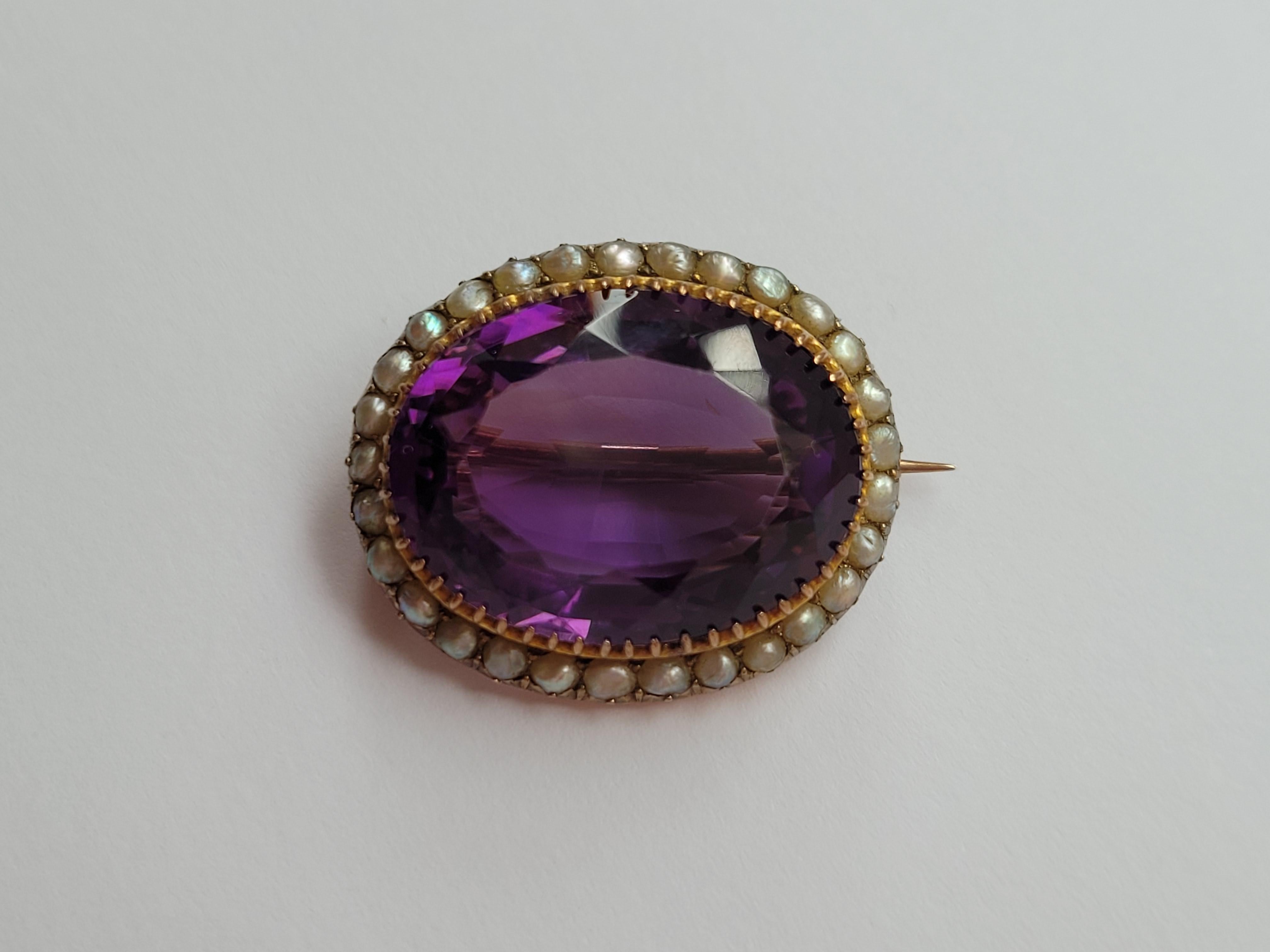 Victorian 15k Amethyst Pearl Gold Brooch For Sale 5