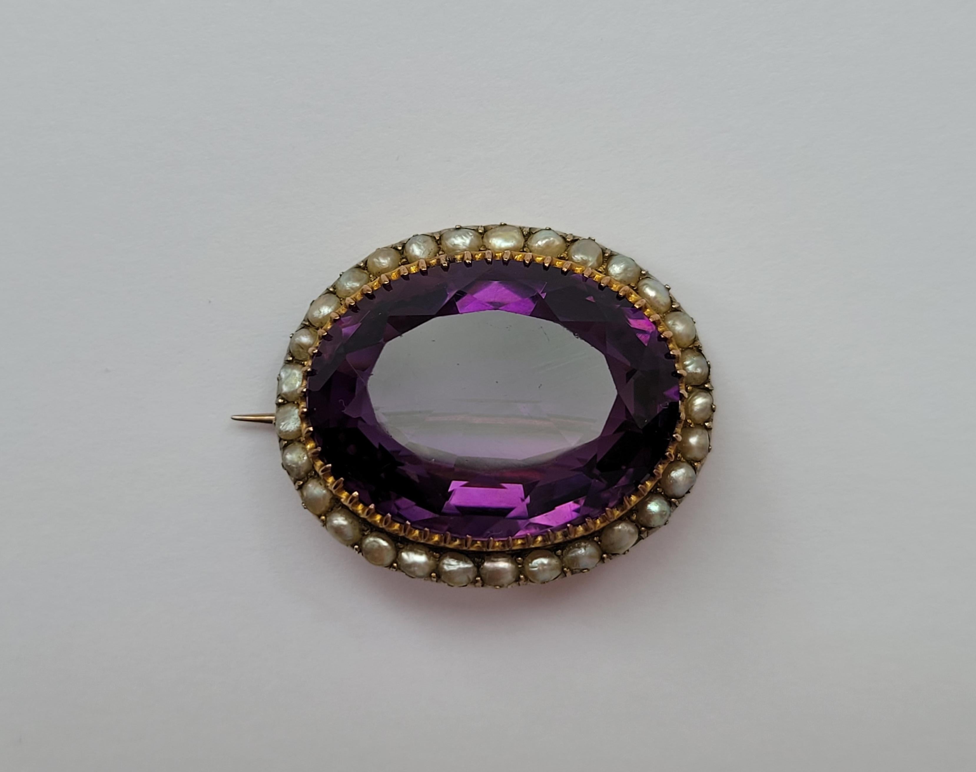 Victorian 15k Amethyst Pearl Gold Brooch For Sale 6