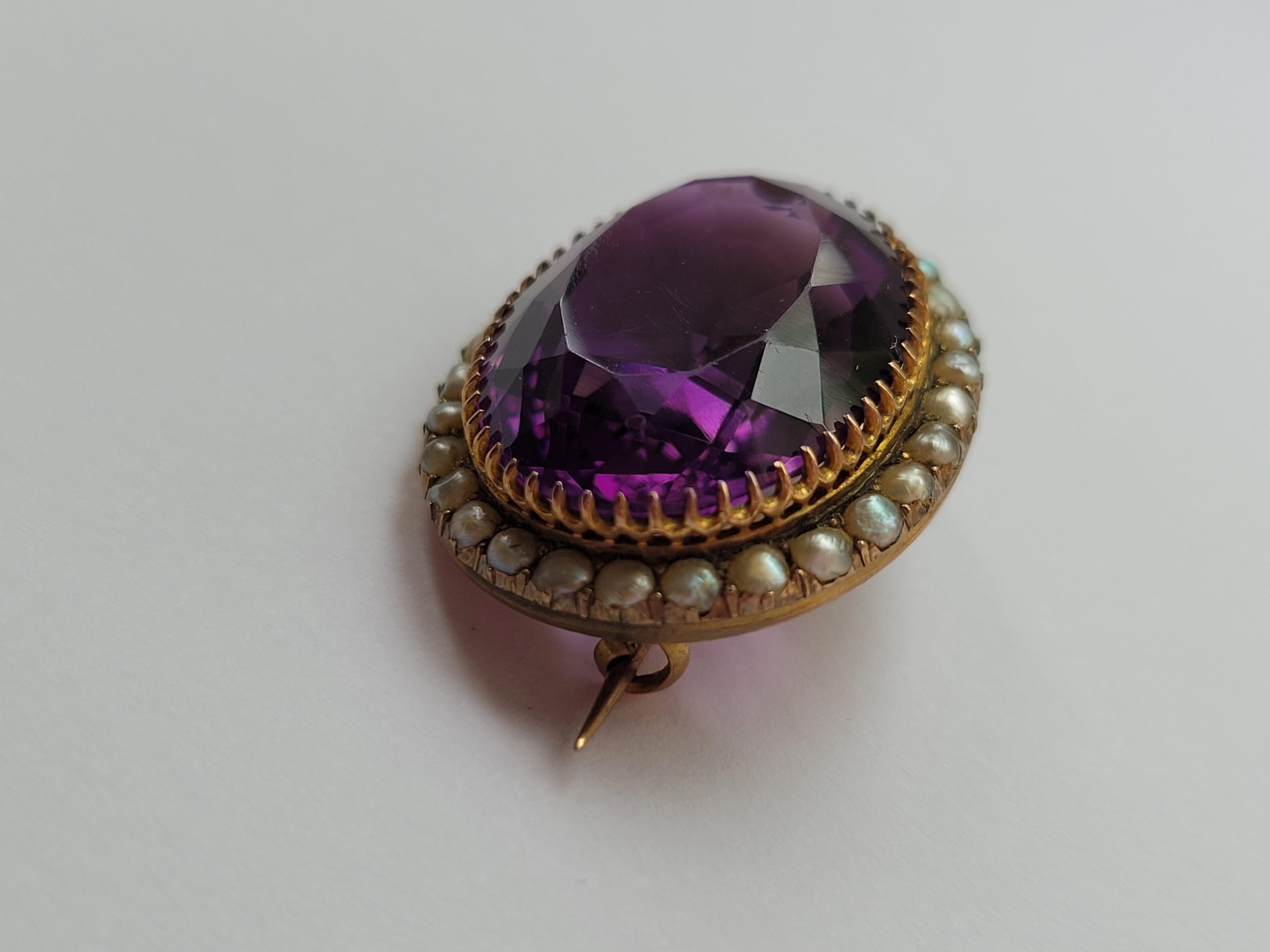 Victorian 15k Amethyst Pearl Gold Brooch In Excellent Condition For Sale In Boston, Lincolnshire