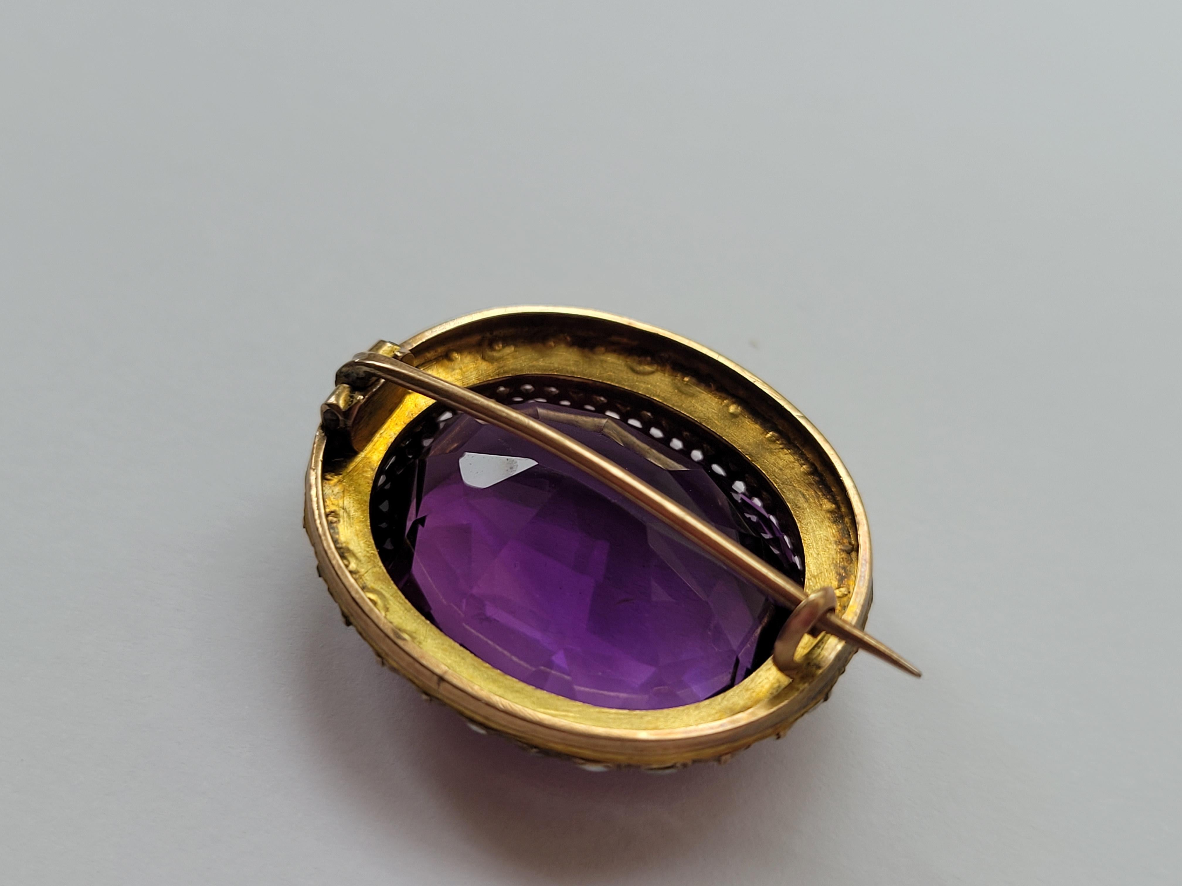 Victorian 15k Amethyst Pearl Gold Brooch For Sale 1