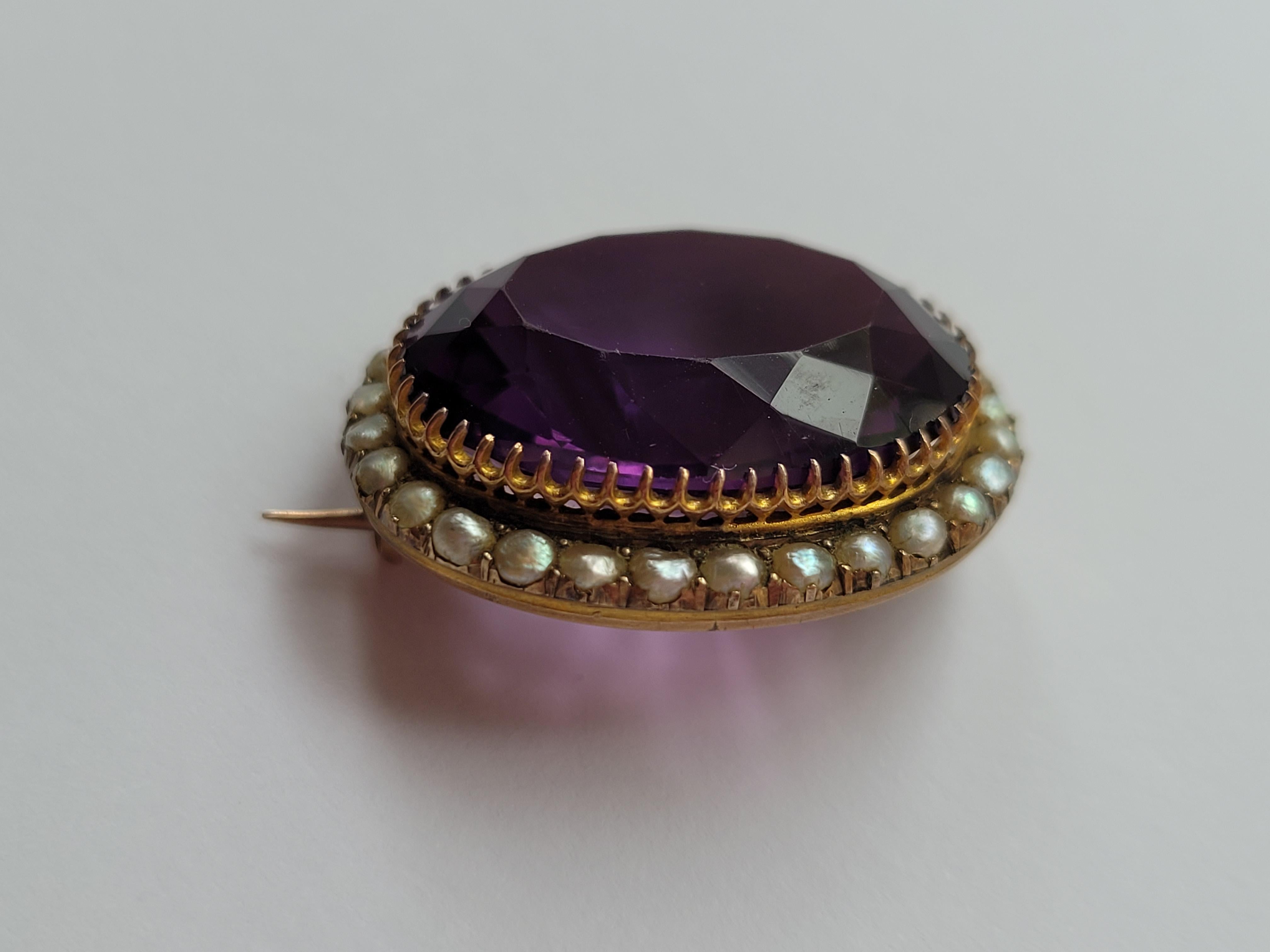 Victorian 15k Amethyst Pearl Gold Brooch For Sale 4