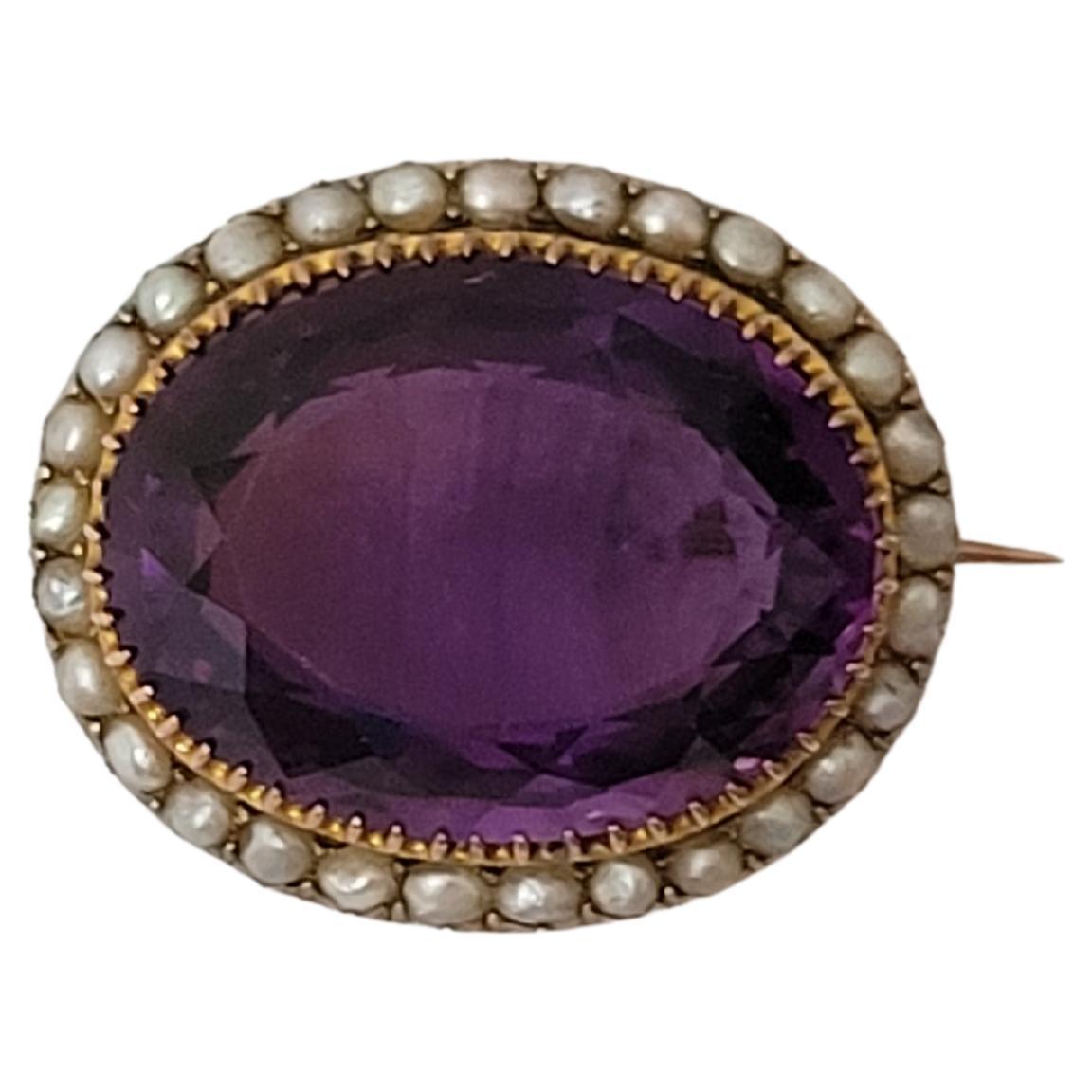 Victorian 15k Amethyst Pearl Gold Brooch For Sale
