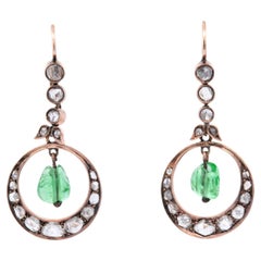 Antique Victorian 15k Diamond and Emerald Dangle Earrings 2ctw