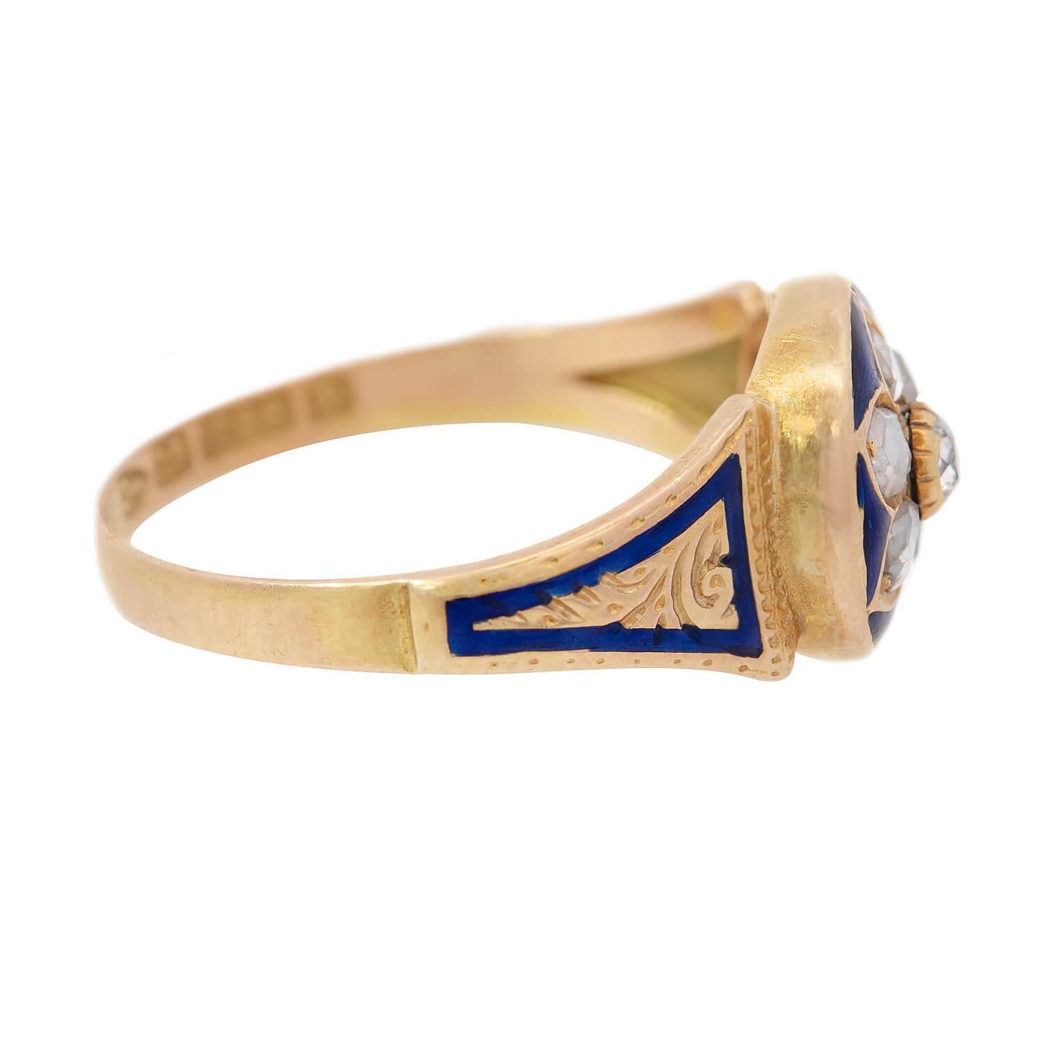 Victorian 15k Diamond and Enamel Floral Motif Ring Victoriano en venta