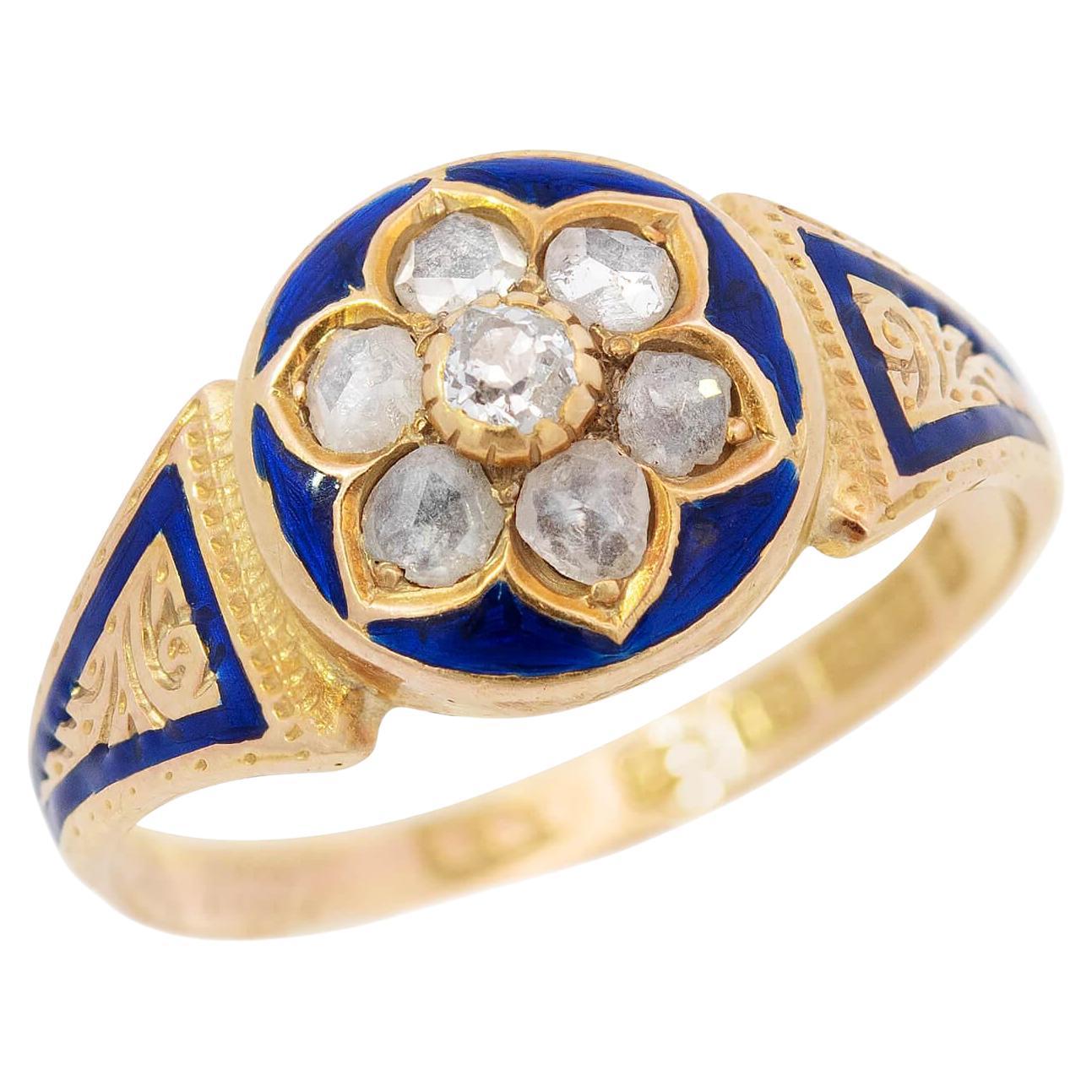 Victorian 15k Diamond and Enamel Floral Motif Ring