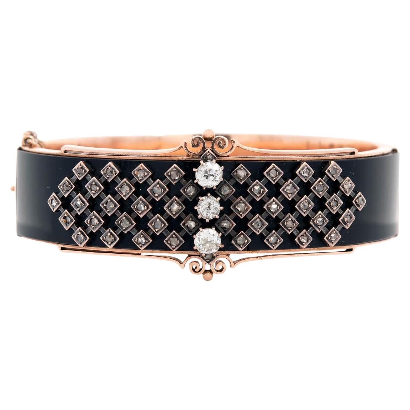 Victorian 15k Diamond and Onyx Bangle