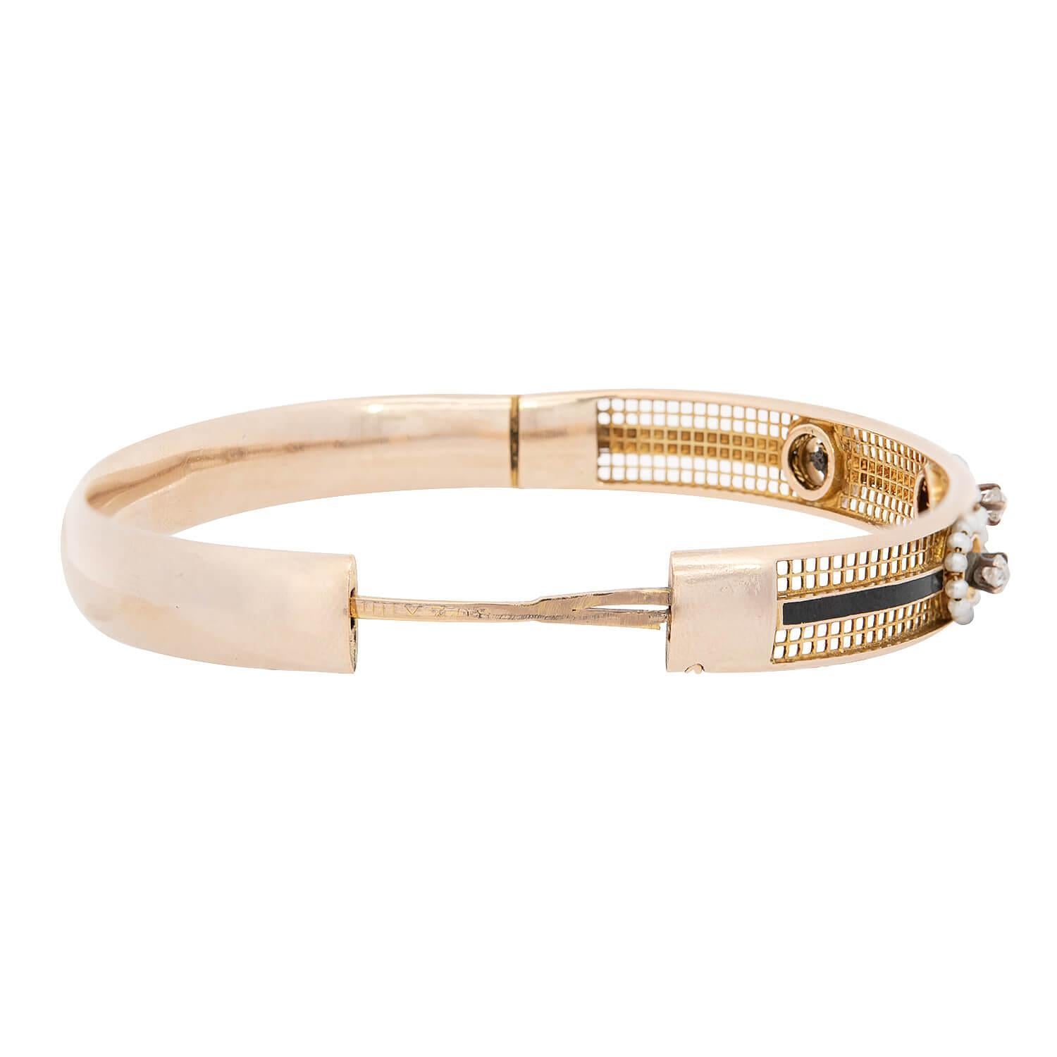 Women's Victorian 15k Diamond, Pearl, and Enamel Bangle For Sale