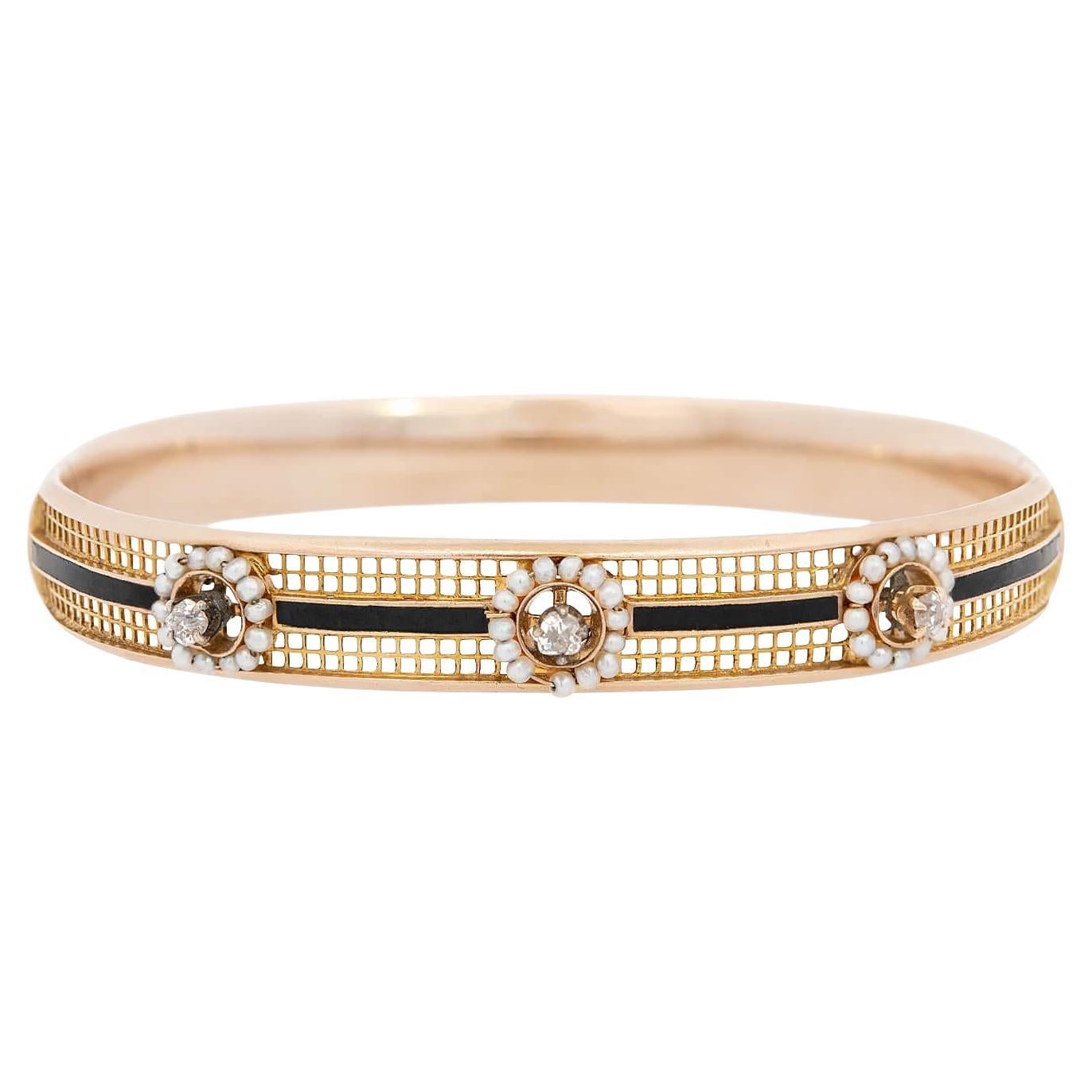 Victorian 15k Diamond, Pearl, and Enamel Bangle For Sale