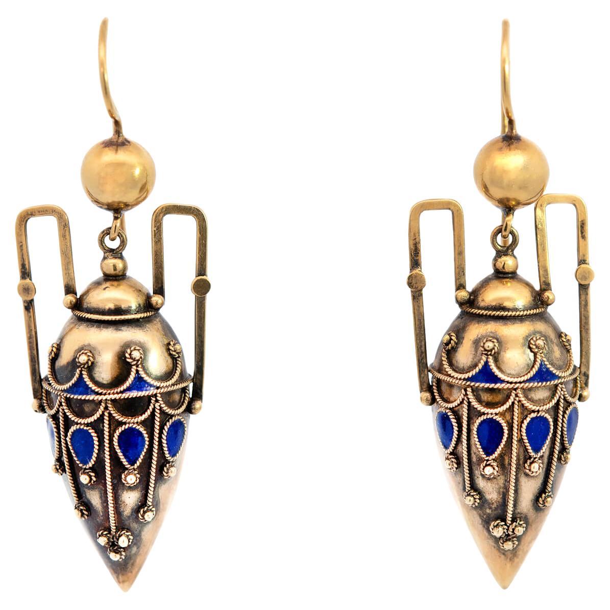 Victorian 15k Enamel Urn Earrings For Sale