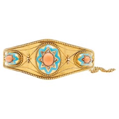 Bracelet victorien à motif d'étoile en corail étrusque 15 carats, diamants et émail