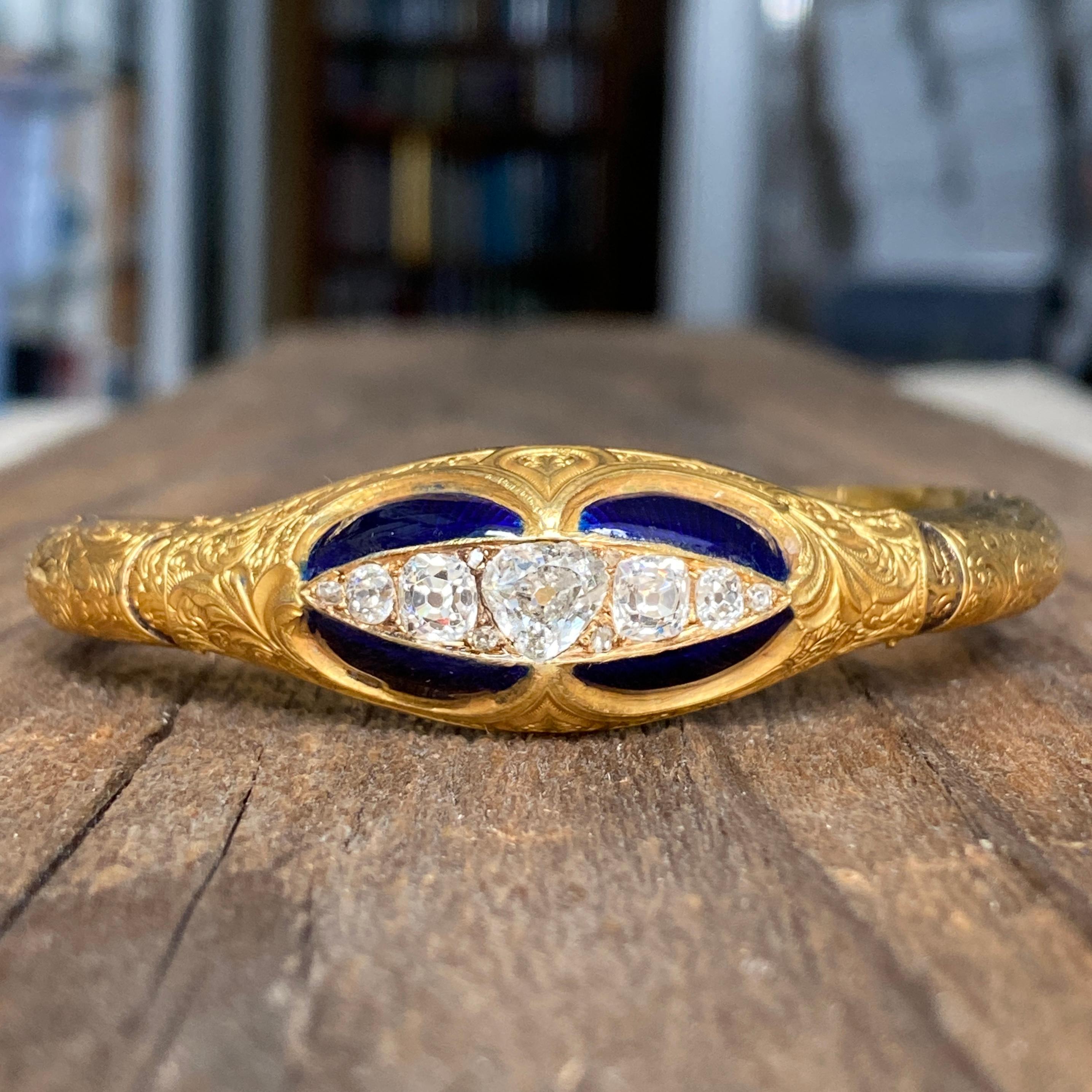 Viktorianisches 15k Gold 2,33ctw Diamant-Emaille-Armband (Einfacher Schliff) im Angebot