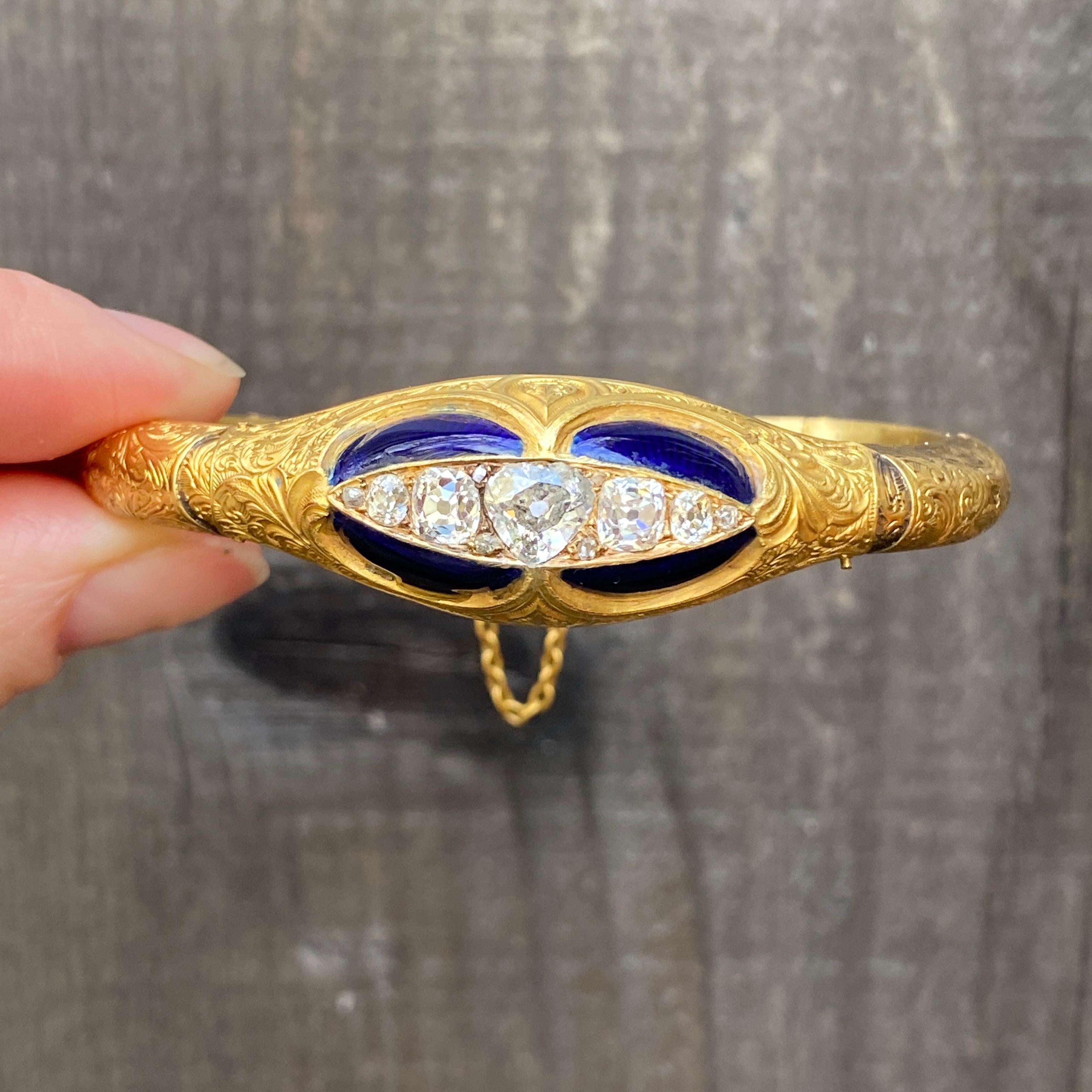 Single Cut Victorian 15k Gold 2.33ctw Diamond Enamel Bracelet For Sale