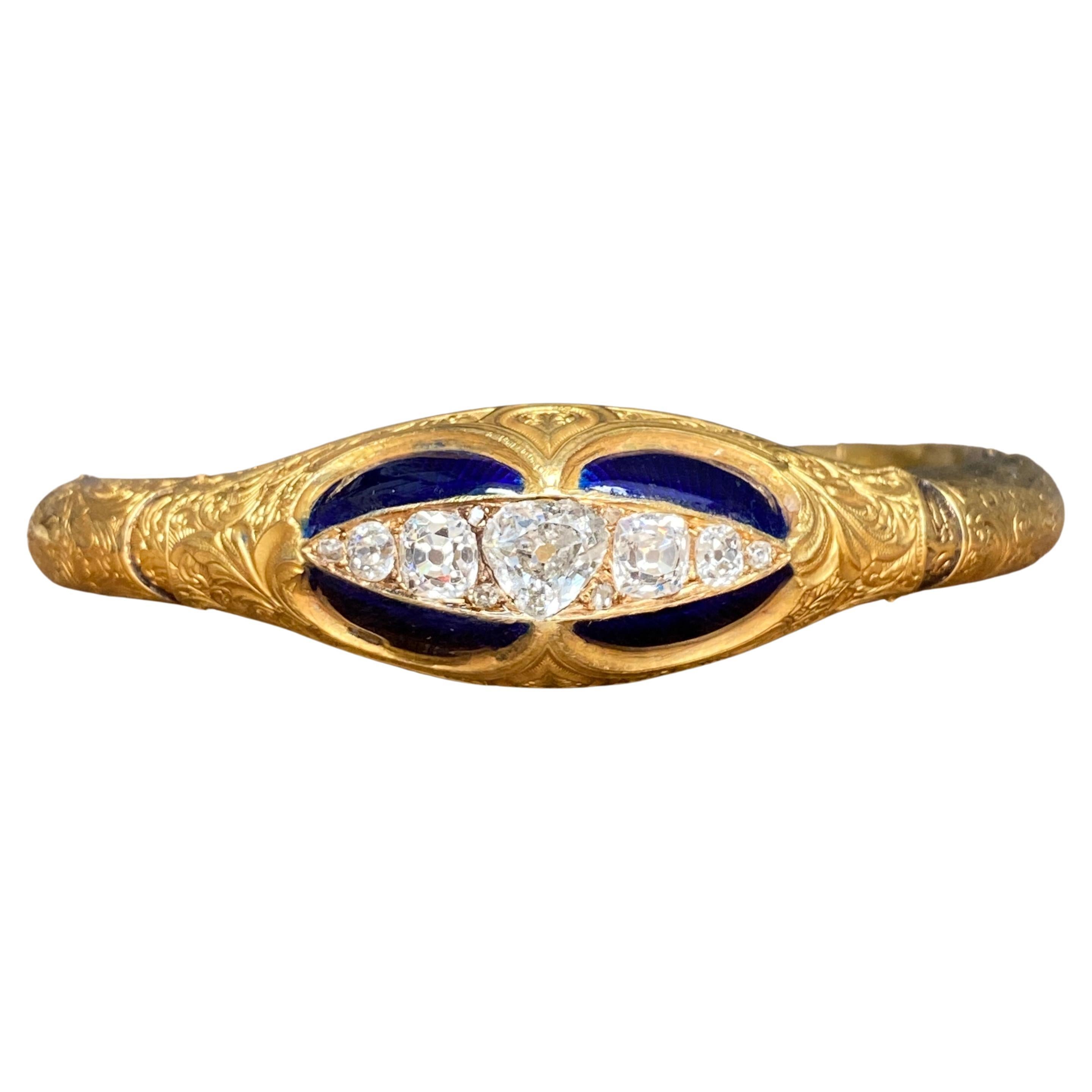 Victorian 15k Gold 2.33ctw Diamond Enamel Bracelet For Sale