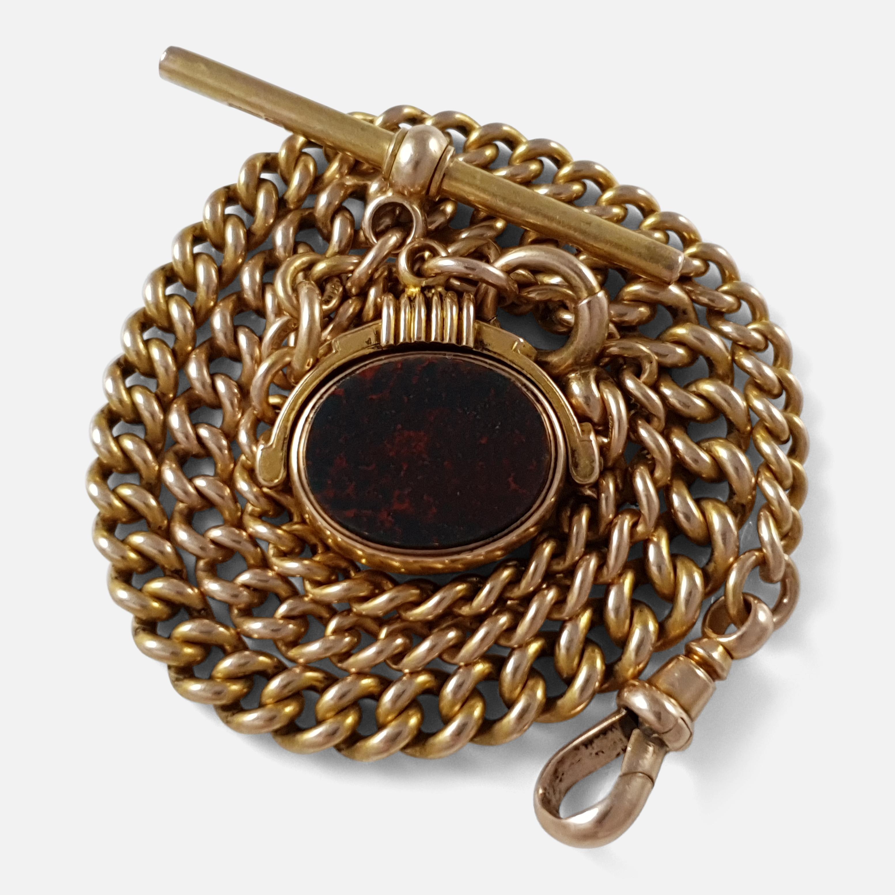Victorian 15K Gold Albert Watch Chain with Bloodstone & Carnelian Fob, 49.7grams 9