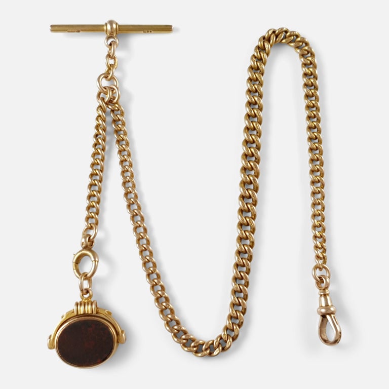 Victorian 15K Gold Albert Watch Chain with Bloodstone and Carnelian Fob, 49.7grams For Sale at