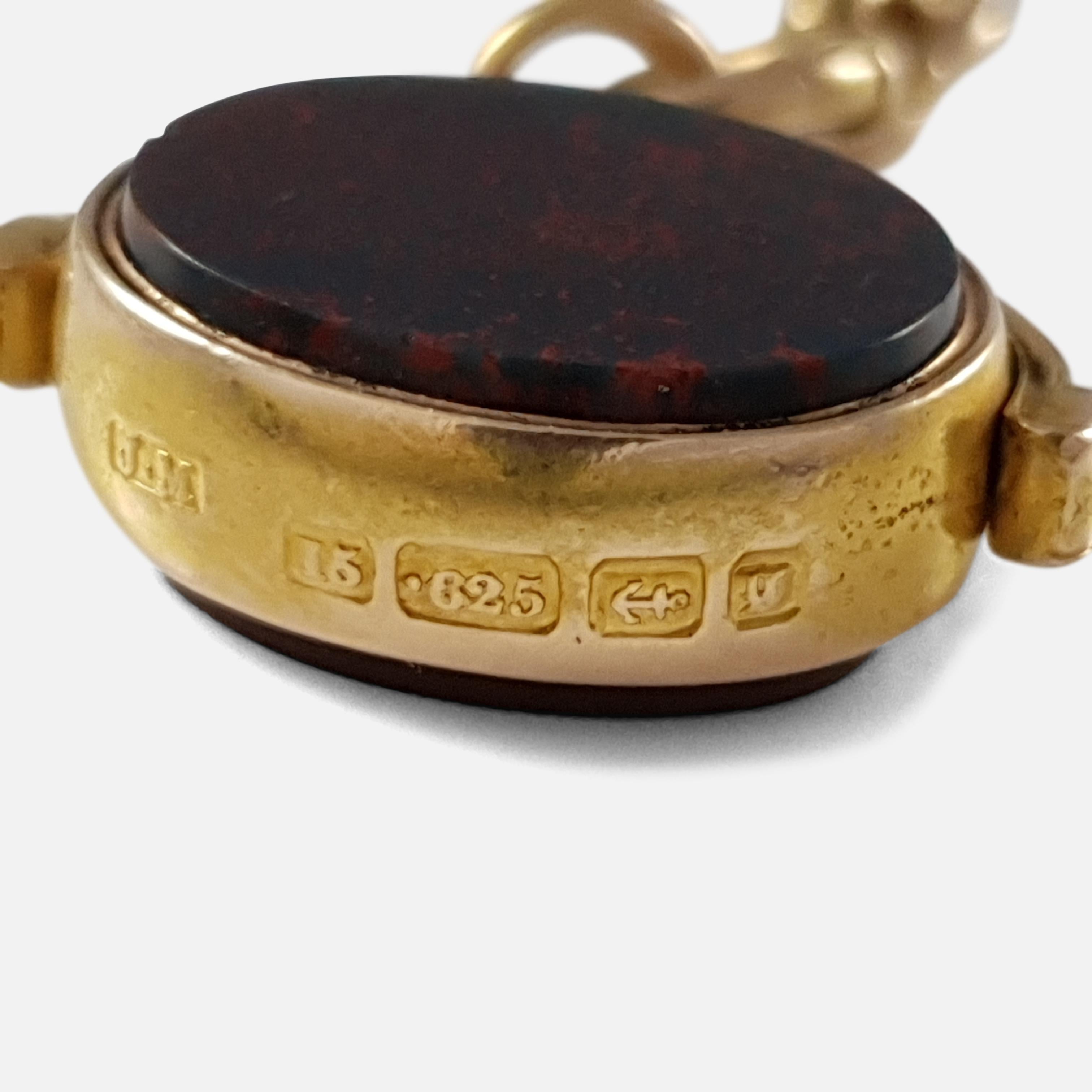 Victorian 15K Gold Albert Watch Chain with Bloodstone & Carnelian Fob, 49.7grams In Good Condition In Glasgow, GB