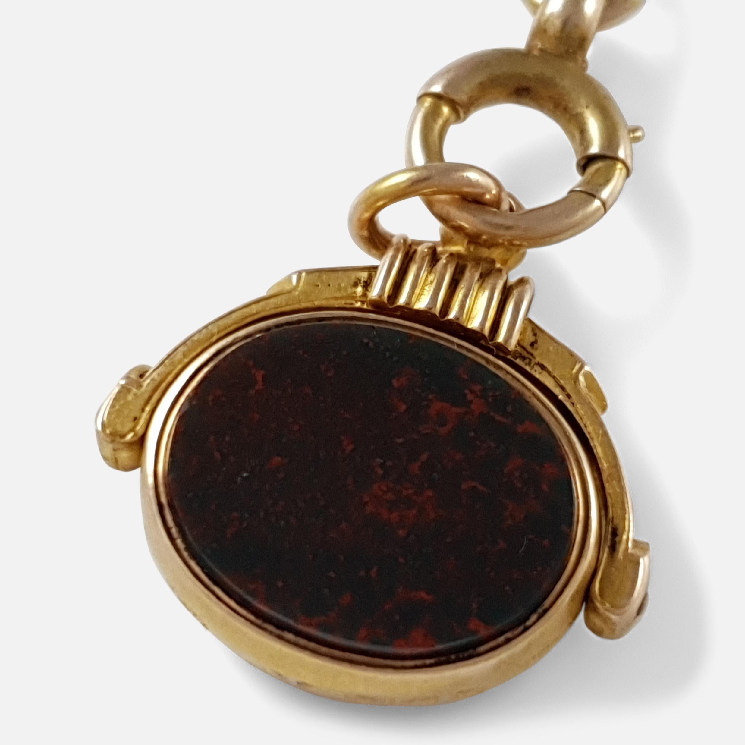 Women's or Men's Victorian 15K Gold Albert Watch Chain with Bloodstone & Carnelian Fob, 49.7grams