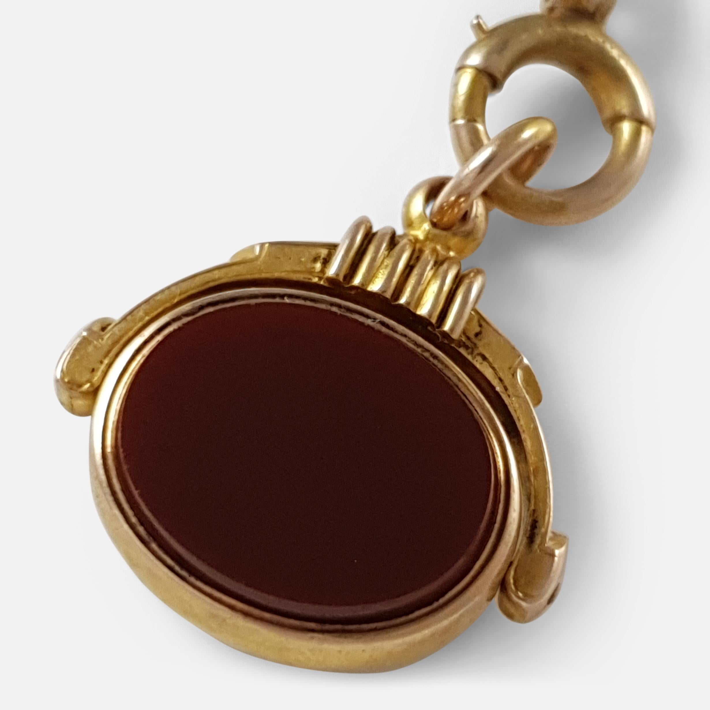 Victorian 15K Gold Albert Watch Chain with Bloodstone & Carnelian Fob, 49.7grams 1