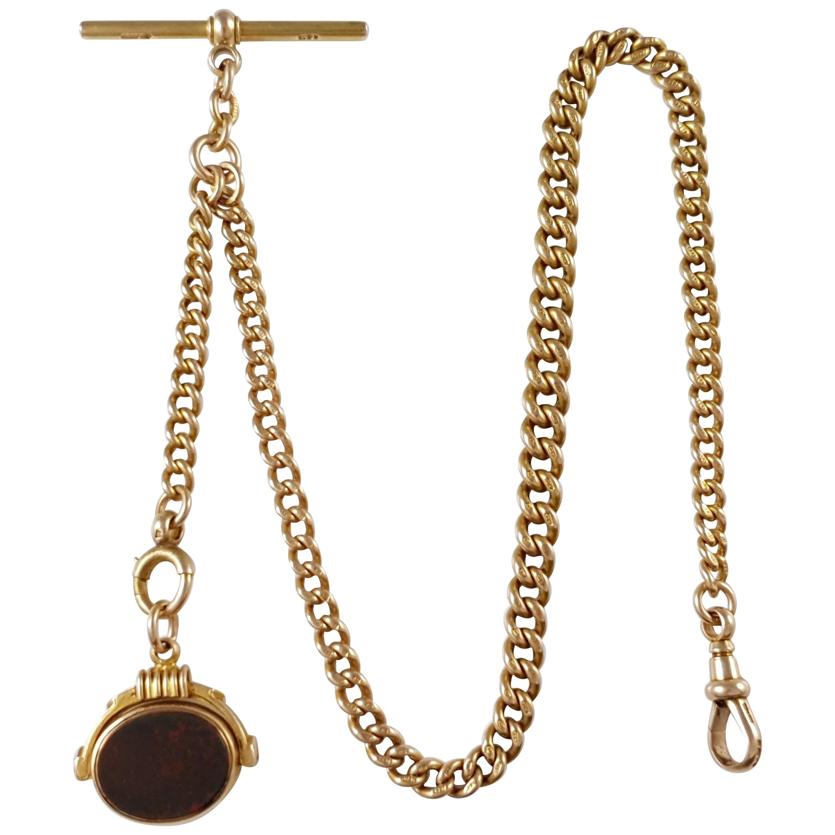 Victorian 15K Gold Albert Watch Chain with Bloodstone & Carnelian Fob, 49.7grams