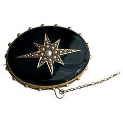 Broche victorienne en or 15K et étoile en onyx avec perles de rocaille