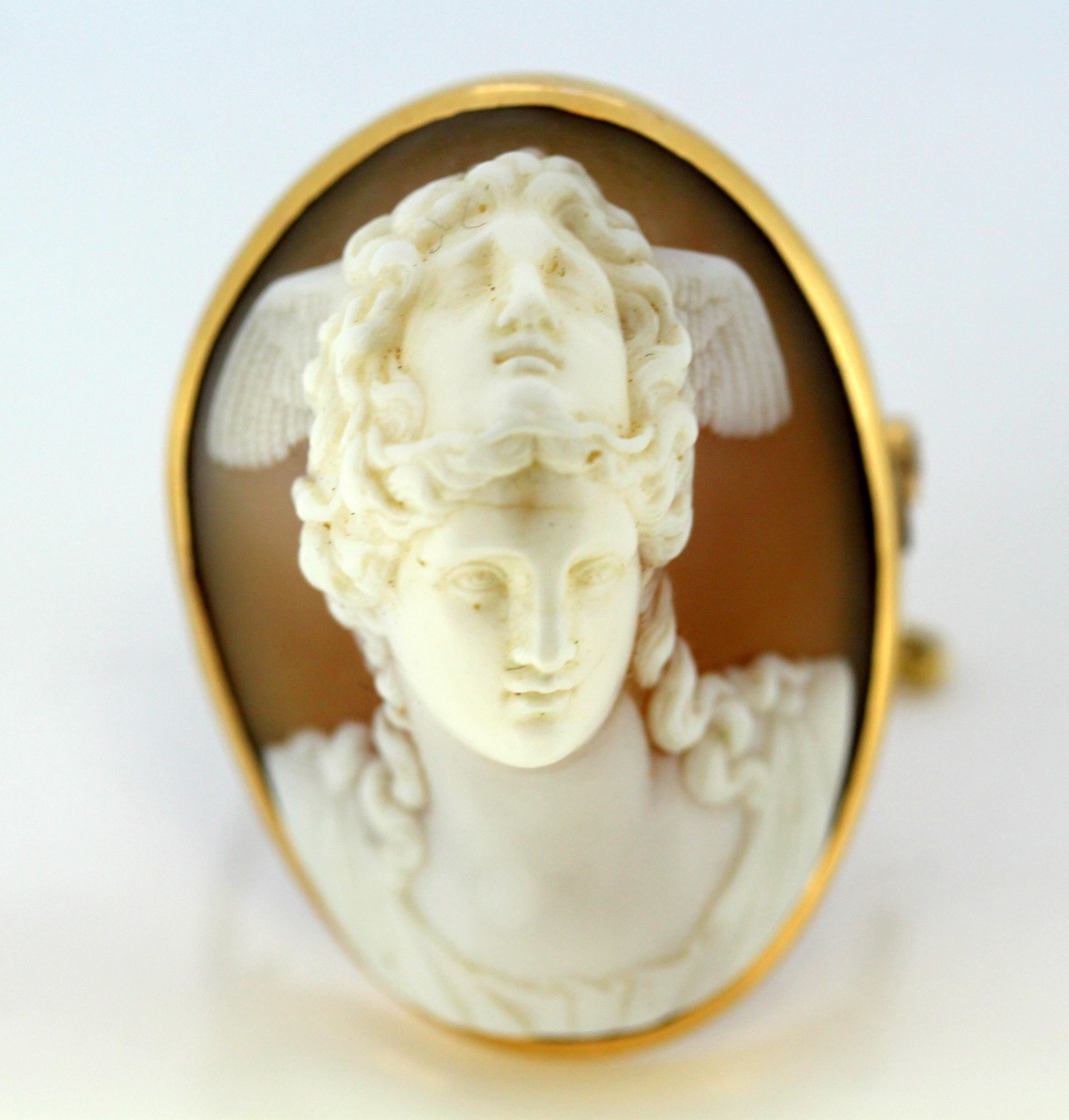 Victorian 15 Karat Gold Brooch with Carnelian Cameo Carving, 1880s 2
