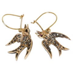 Victorian 15k Gold Diamond, Ruby & Pearl Swallow Earrings, Circa 1890