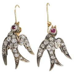 Victorian 15k Gold Diamond, Ruby & Pearl Swallow Earrings, Circa 1890