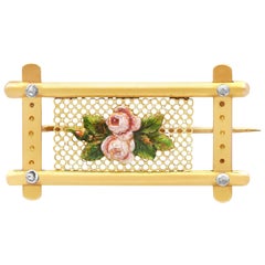 Victorian 15K Gold Enamel Floral Gate Brooch with Diamonds, Circa 1880