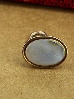 Victorian 15K Gold Fob Seal Intaglio Chalcedony Charm, Serpenti Motif Stand