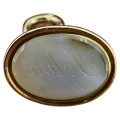 Victorian 15K Gold Fob Seal Intaglio Chalcedony Charm, Serpenti Motif Stand