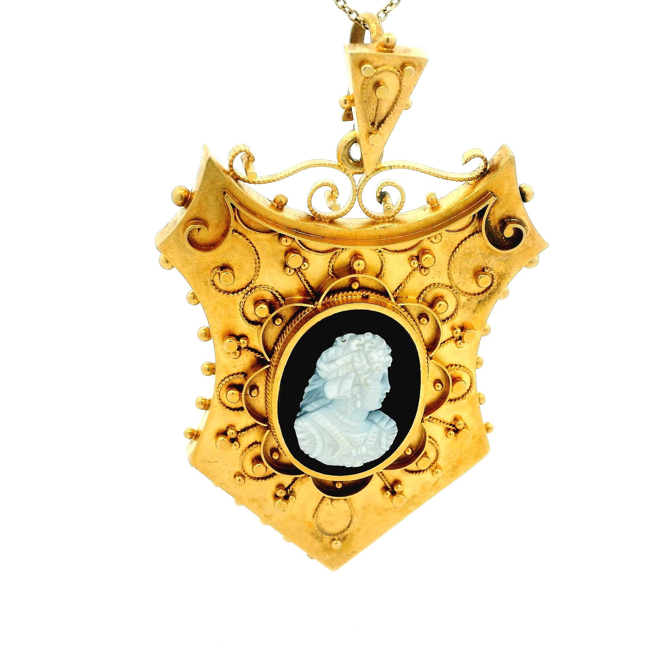 da uomo o donna Ciondolo vittoriano in oro 15K con cammeo di onice, 1860-1880 in vendita