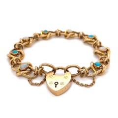 Victorian 15 Karat Gold Link Opal and Turquoise Bracelet Estate Fine Jewelry
