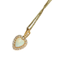 Victorian 15k Gold Opal & Diamond Heart Cluster Necklace, Circa 1900