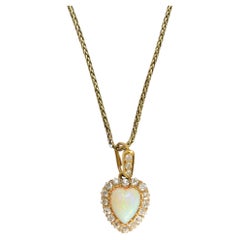 Victorian 15k Gold Opal & Diamond Heart Cluster Necklace, Circa 1900
