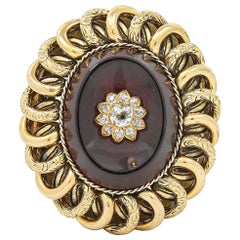 Victorian 15k Gold Oval Garnet and Old Cut Diamond Brooch circa 1870