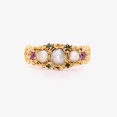 Victorian 15K Gold Pearl, Garnet and Demantoid Garnet Ring, with Heart Shoulders