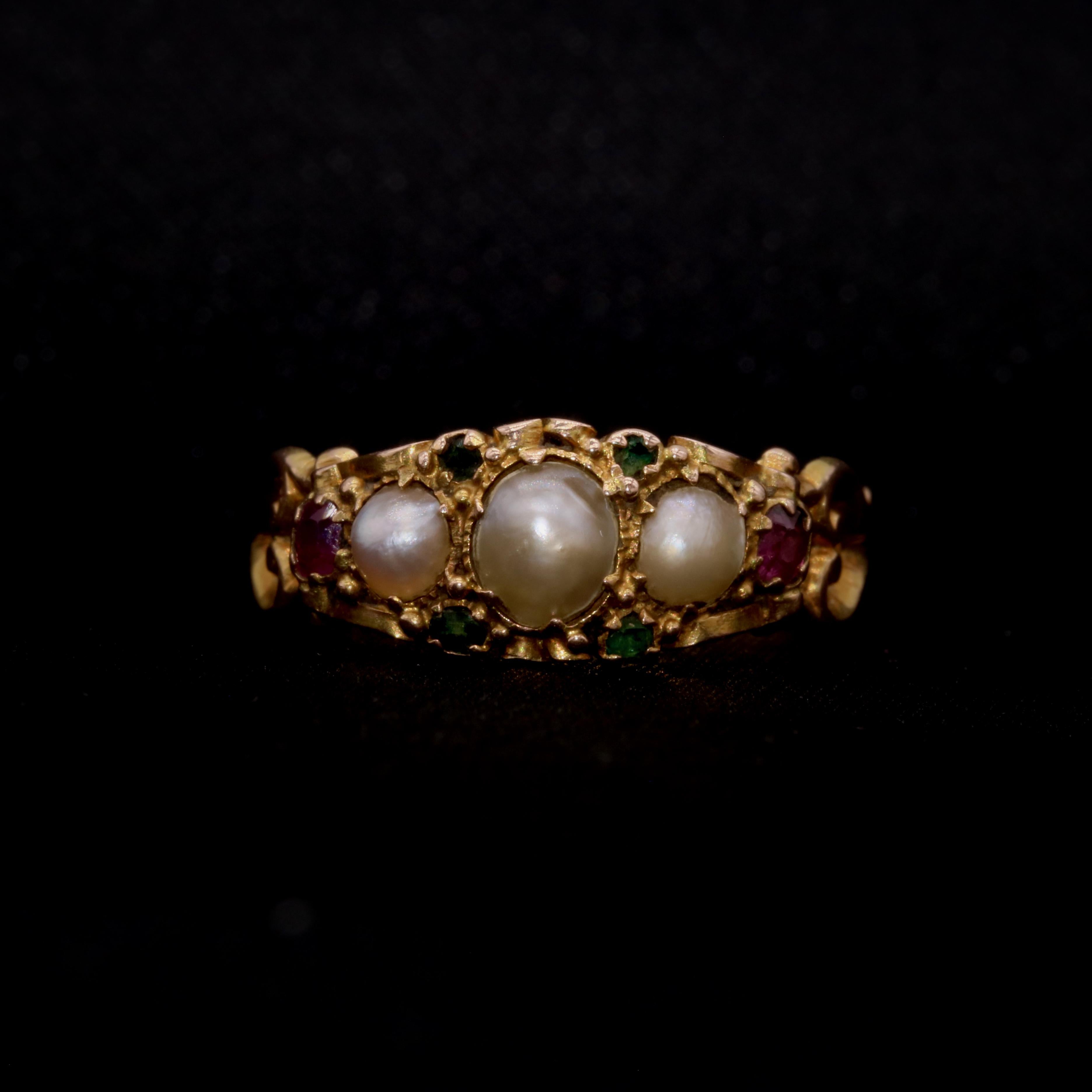 Antique Cushion Cut Victorian 15K Gold Pearl, Garnet and Demantoid Garnet Ring, with Heart Shoulders For Sale